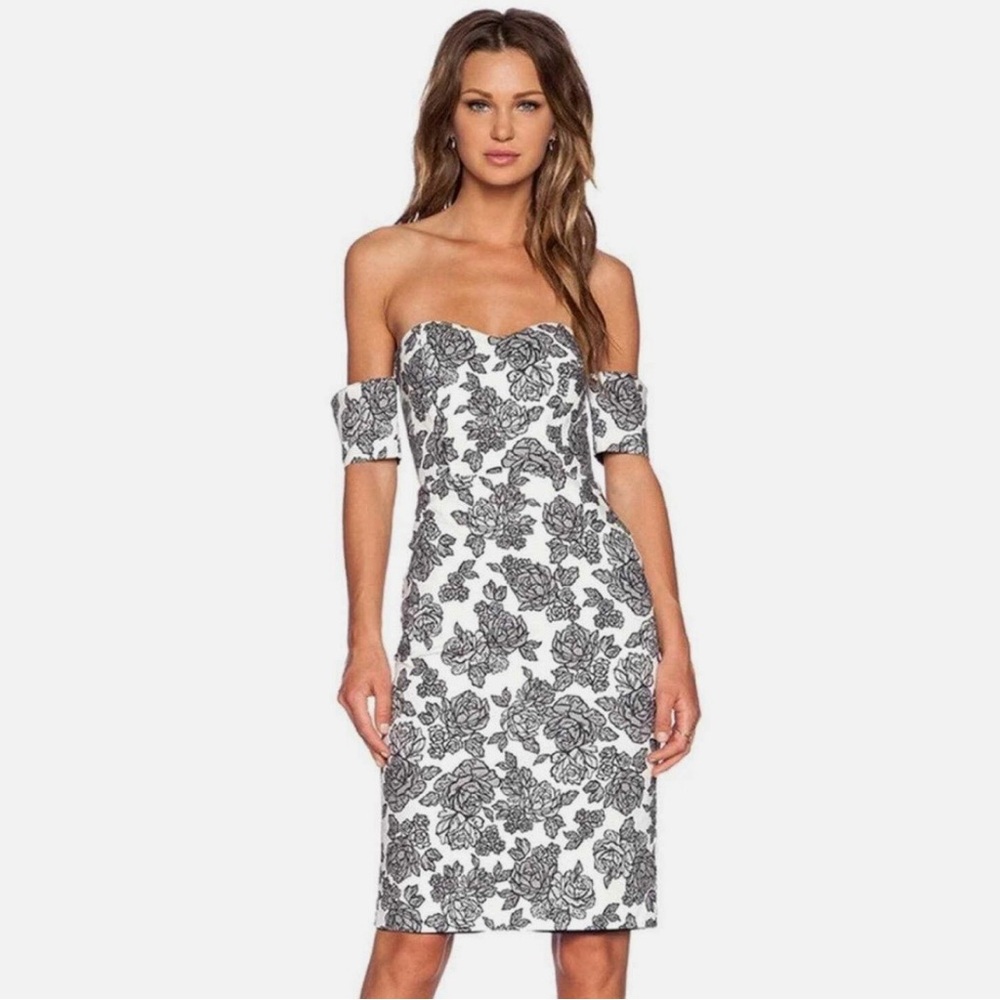Line & Dot Black and white floral strapless off the shoulder bodycon Dress
